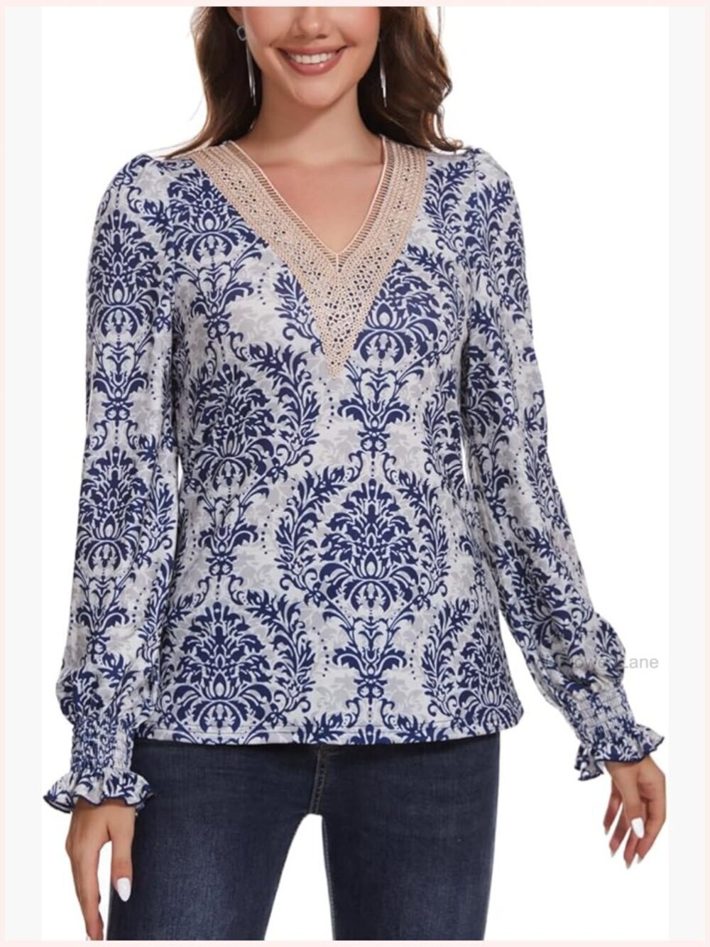 Long Sleeve V-Neck Puff Sleeve Floral Blouse Dressy Casual Top
